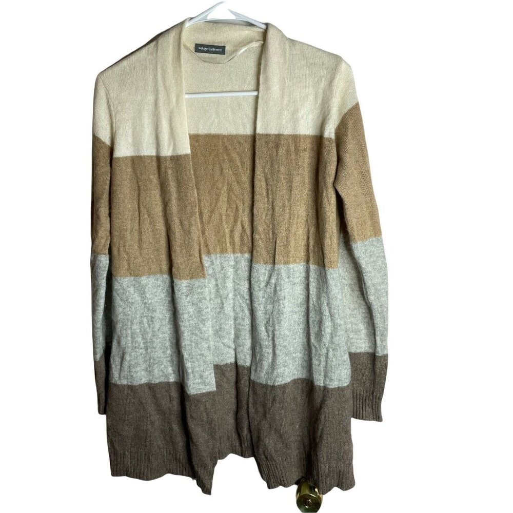Indulge Cashmere Cardigan Sweater Women's S Striped Open Front Gray Beige Ivory